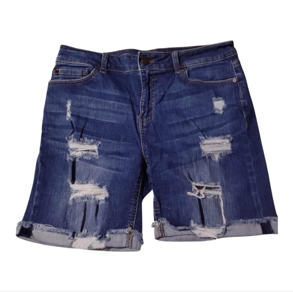 Enjean Womens Distressed Stretch Medium Wash Jean Shorts